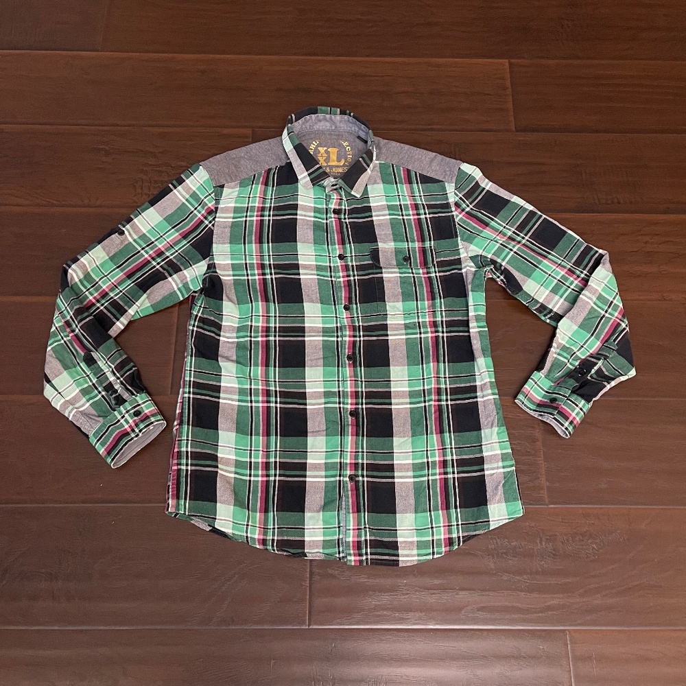 Jack & Jones Boy's Green Plaid Long Sleeve Button Down Shirt Sz 2XL, Men's Small